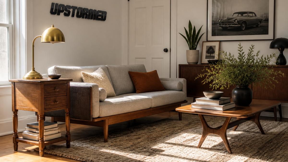 Infographic illustrating a step-by-step process for styling a room by mixing vintage and modern furniture pieces