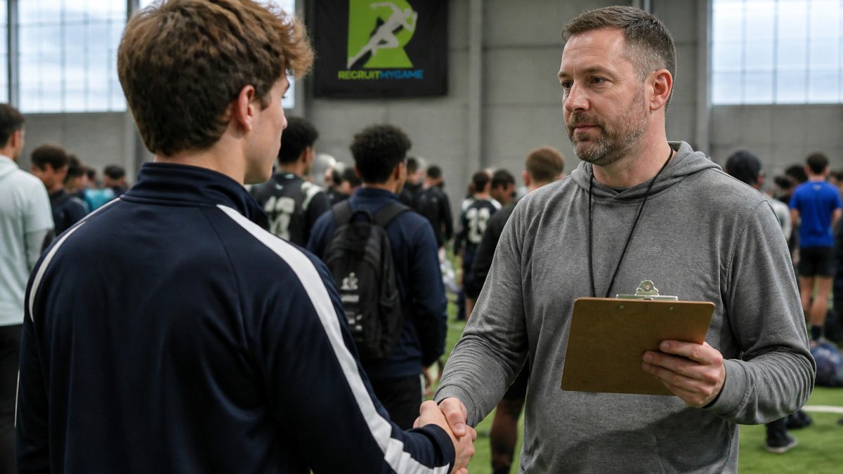 High school athlete shaking hands with a coach during college coaches showcases at an indoor sports facility