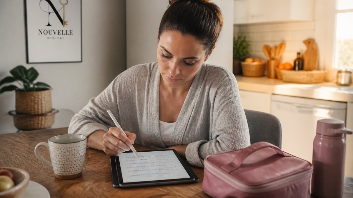 Woman writing a brain dump list on a digital journal to manage a chaotic schedule at a sunny kitchen table