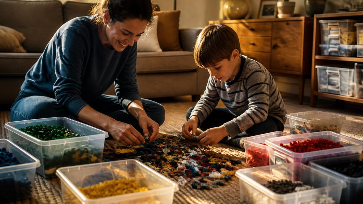 Parent and child sorting colorful building bricks into labeled clear plastic bins on a sunlit living room floor