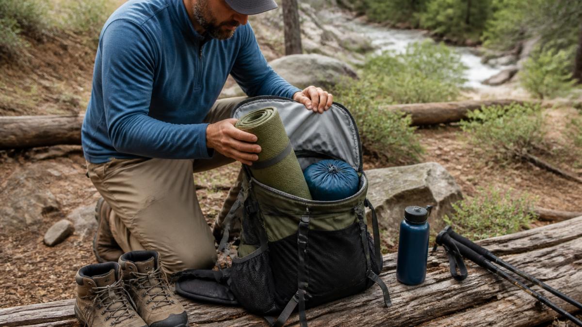 A hiker kneeling beside an open backpack on a trailside log, arranging a rolled sleeping pad and stuff sack into the main compartment, with boots and a water bottle nearby