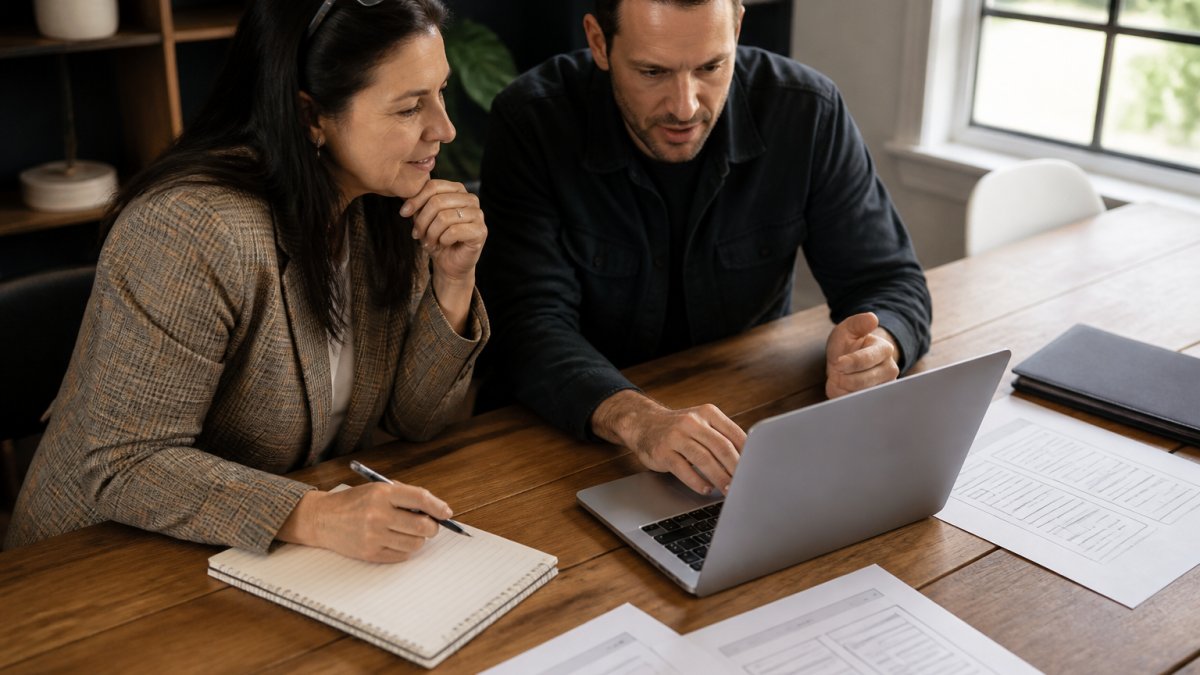 Small business owner and consultant reviewing website redesign analytics on a laptop with wireframes on a desk