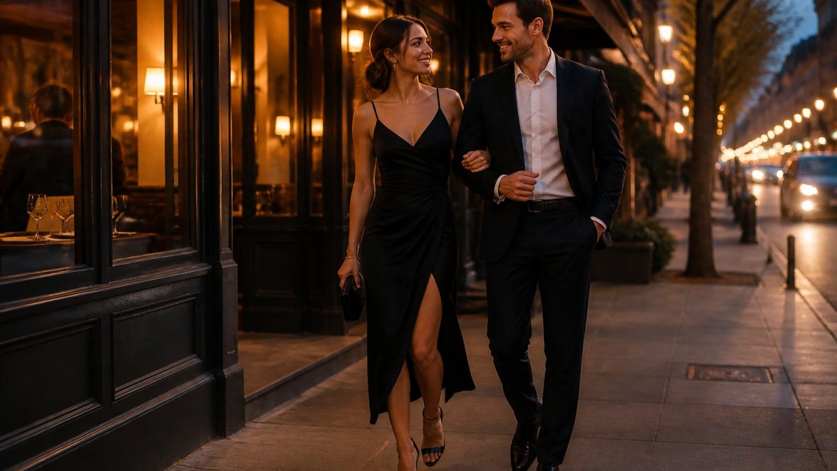 A couple dressed for an elegant evening walking arm in arm down a warmly lit downtown street at dusk, restaurant windows glowing behind them