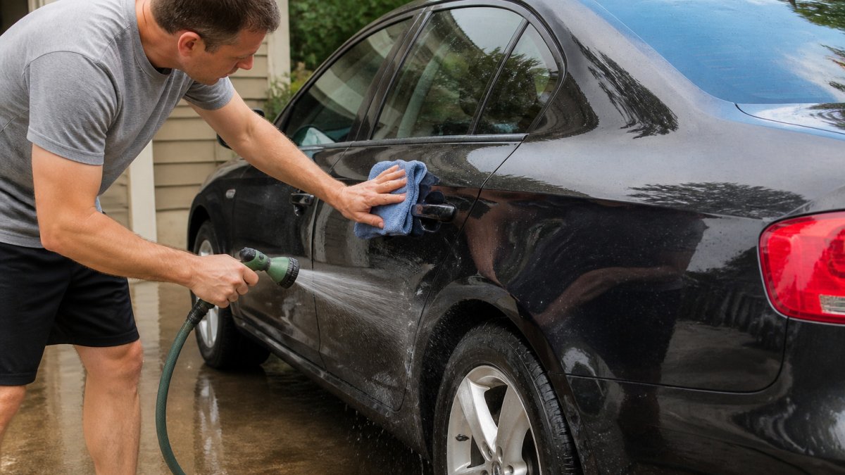 Homeowner rinsing a sedan with a dent on the rear door before paintless dent repair service.