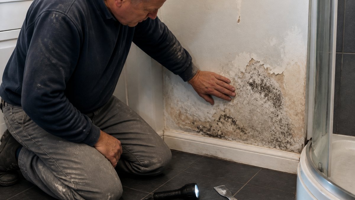 Homeowner inspecting flaking paint and dark mould on bathroom walls with a scraper and torch nearby