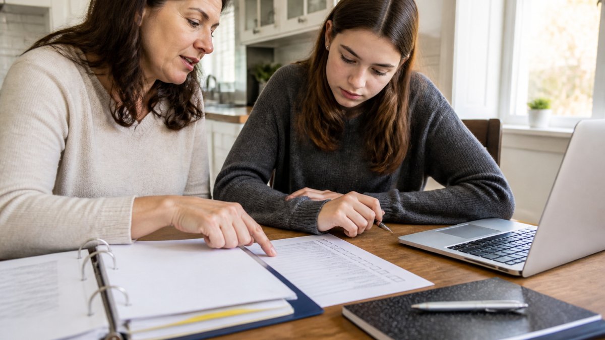 Infographic checklist for managing the high school admissions process with parent and student at a home desk