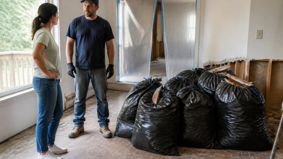 Homeowner and contractor managing renovation disruption with neatly stacked debris bags in a living room.