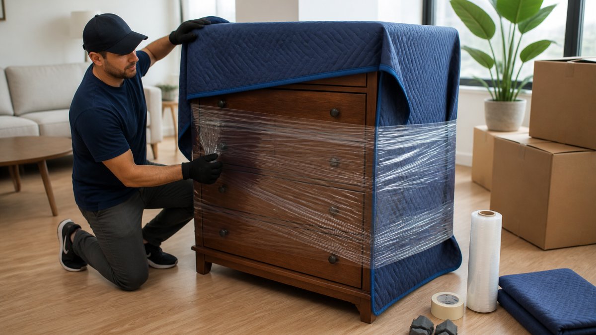 Person wrapping a wooden dresser with moving blankets to prepare furniture for a safe relocation.