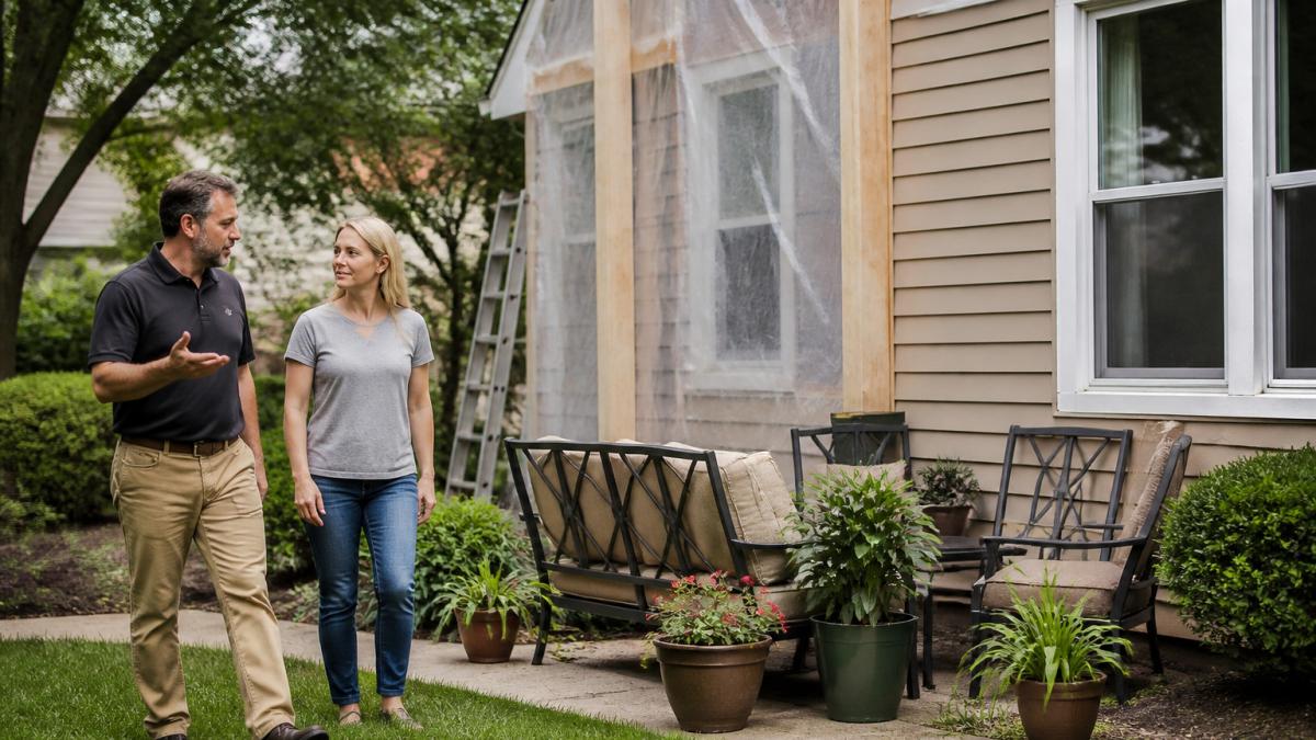 Homeowner and contractor preparing a house for exterior construction by moving patio items