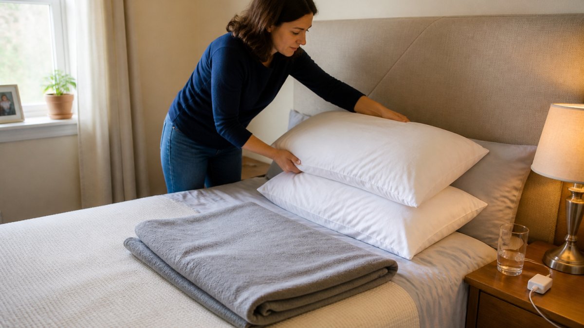 Family member arranging pillows and blankets on a prepared bed for a patient recovering at home