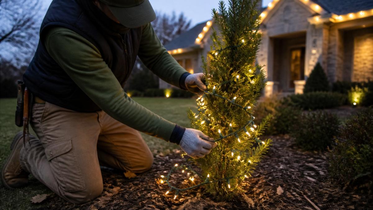 A landscaper in gloves carefully wrapping a warm-white light strand around the trunk of a young evergreen shrub in a mulched garden bed, with a half-lit roofline visible in the background at dusk