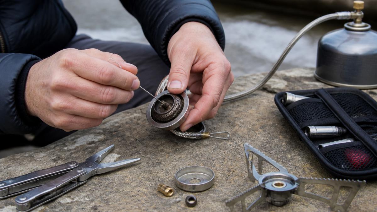 Close-up of a camper's hands using a small wire jet cleaning tool on a disassembled canister backpacking stove burner on a flat rock at a campsite, with a multitool and spare parts pouch nearby