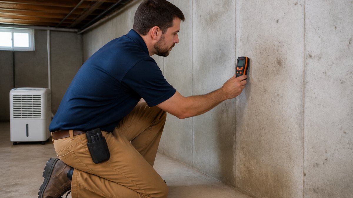 A contractor in work clothes kneeling beside a bare concrete basement wall, holding a handheld moisture meter against the surface, with a dehumidifier and exposed floor joists visible in the background