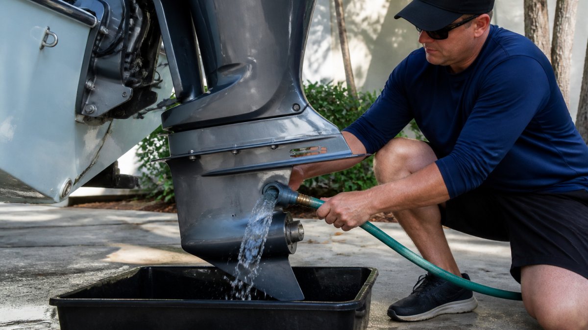 Professional demonstrating preventing corrosion on outboard engine components technique by flushing an outboard motor with fresh water from a hose, showing the intake area and water stream with collection area visible