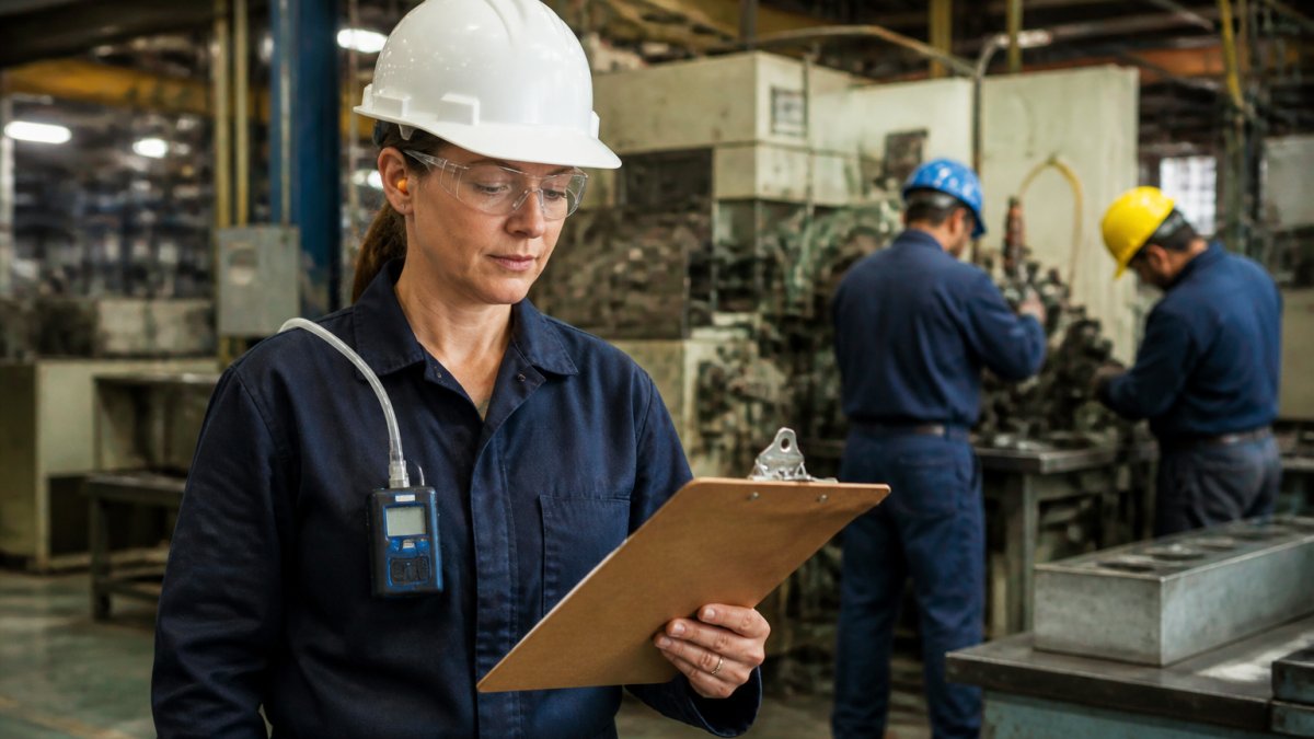 Industrial hygienist using an air sampling pump to assess risks of occupational illnesses on a factory floor.