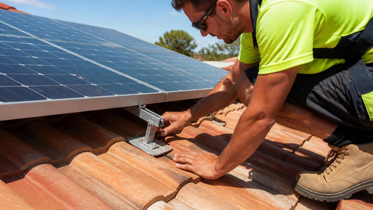 Electrician inspecting mounting brackets and flashing on a tiled residential roof under sunny skies
