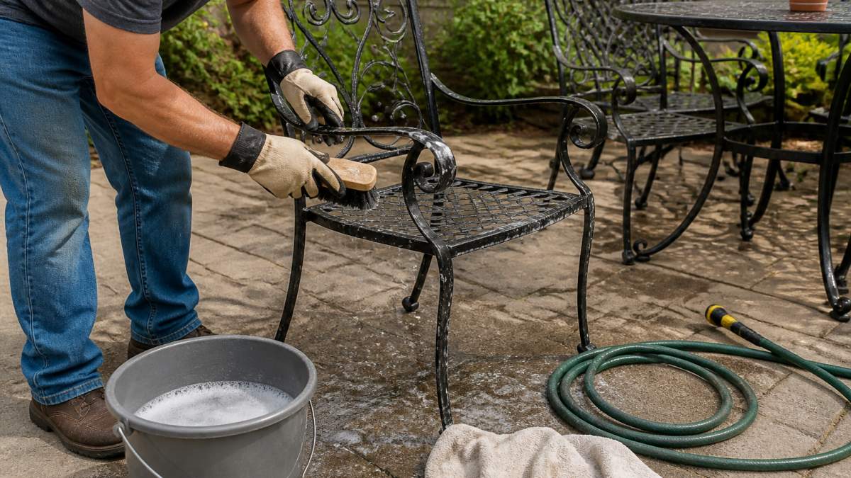 A homeowner in work gloves scrubbing a wrought iron patio chair with a soft brush and a bucket of soapy water on a sunny backyard patio, with a garden hose and towel nearby