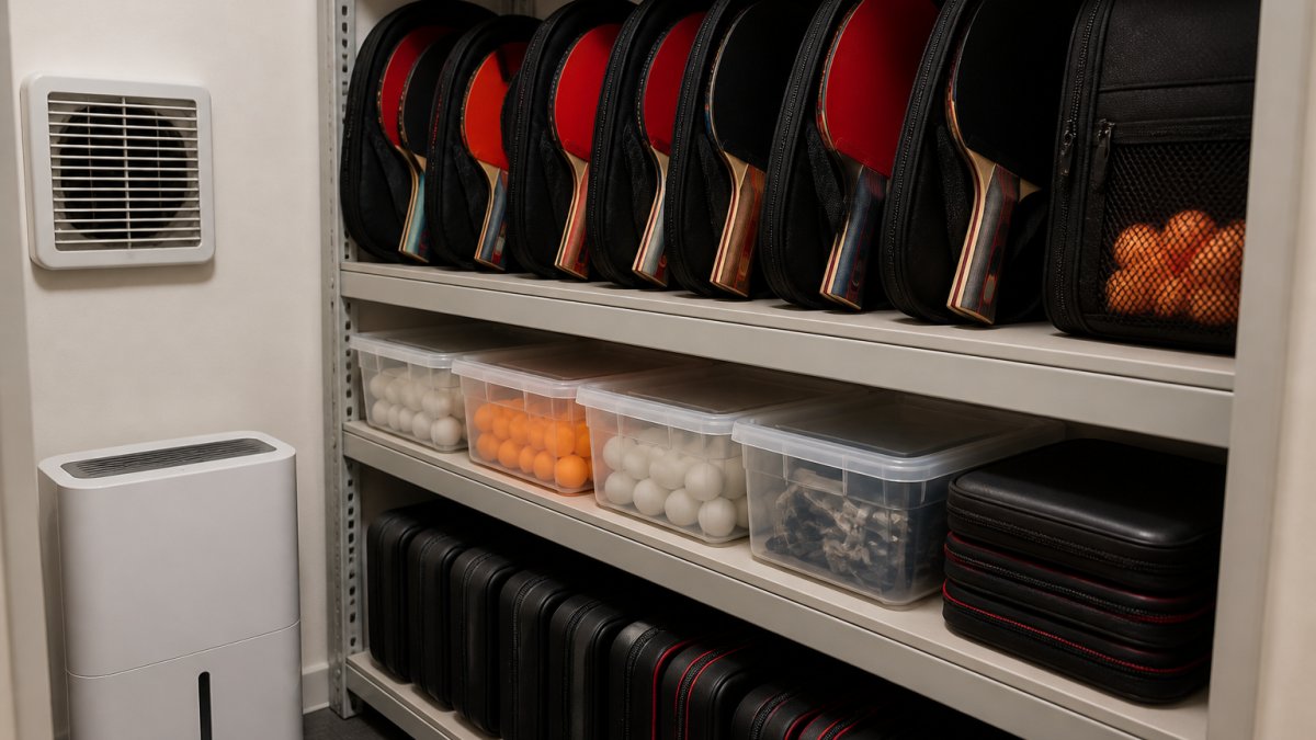 Table tennis rackets and balls neatly organized in protective cases and containers on shelves in a cool, well-ventilated storage closet with moderate lighting and humidity control