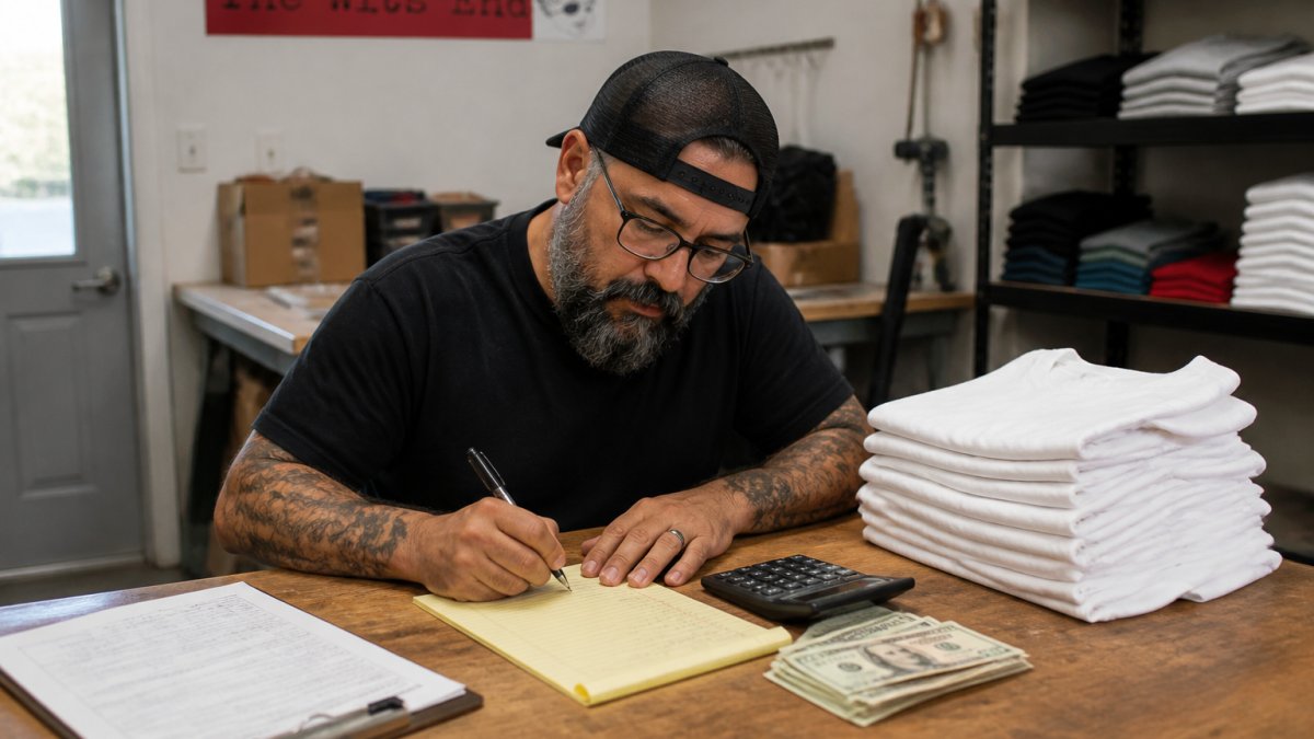 A small print shop owner at a workbench with a notepad, calculator, and a stack of folded blank t-shirts, writing out a price quote by hand