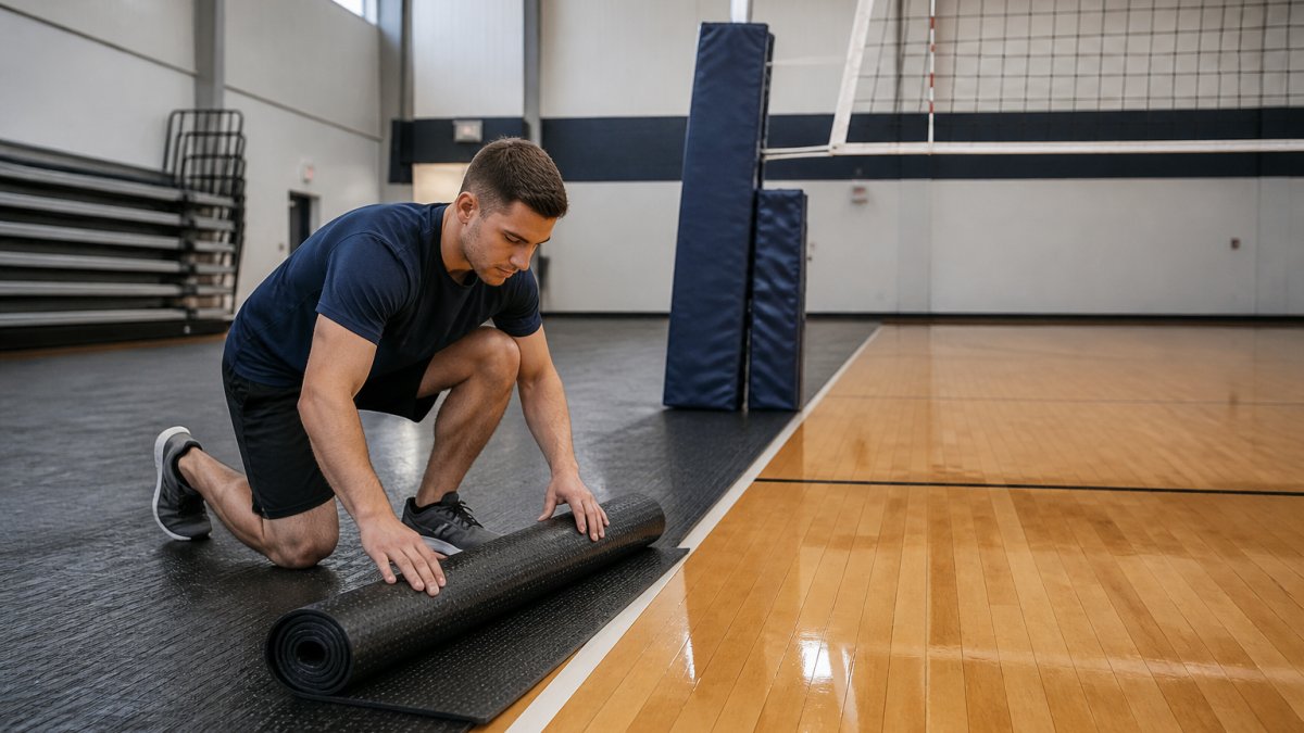 Facility staff member rolling out protective mats on an indoor volleyball court floor