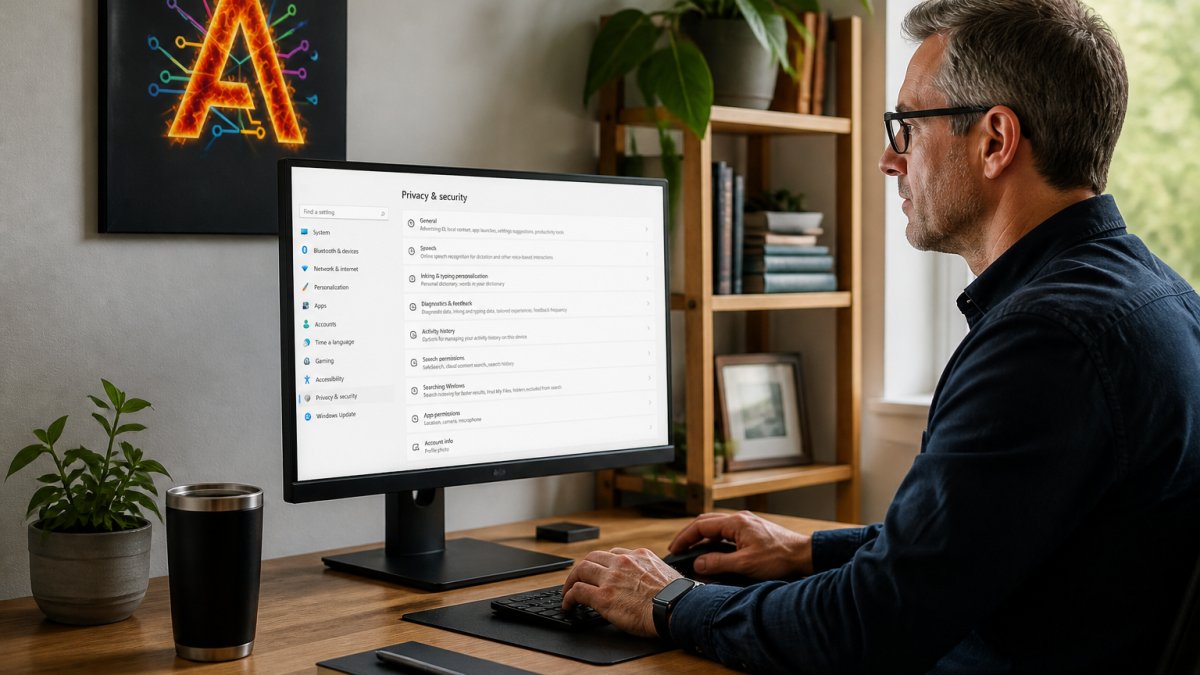 Professional working on a computer to protect personal data AI by reviewing security settings in a home office