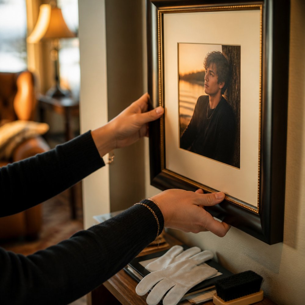Framed senior portrait hanging in a softly lit room to protect photo prints from fading in direct sunlight.
