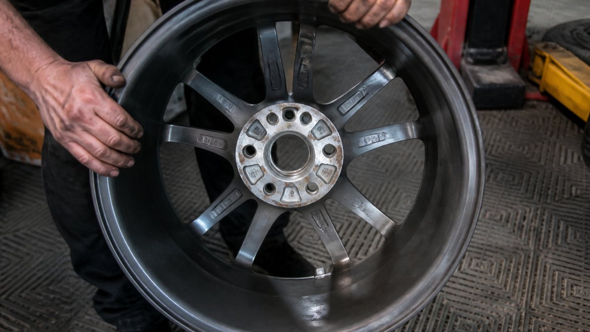 Close-up photograph of a person's hands turning an alloy wheel to face the camera, with the stamped specification markings on the hub pad in sharp focus and a garage floor visible behind