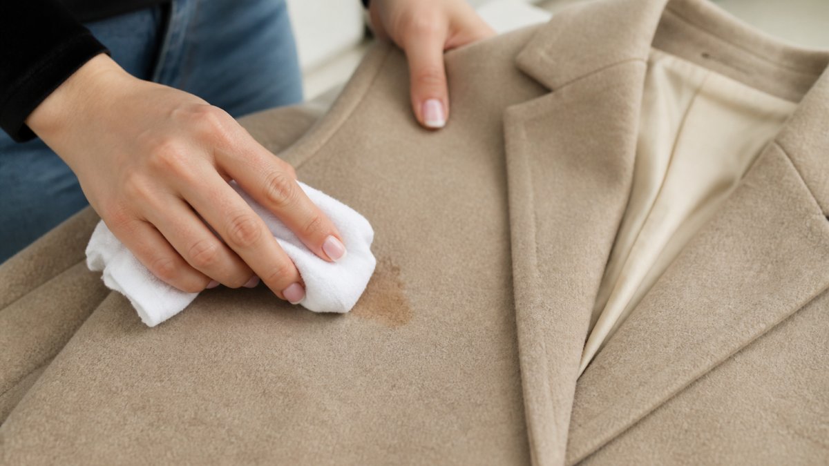 Step-by-step diagram showing how to gently blot and remove grease stains from wool coats using a clean cloth.