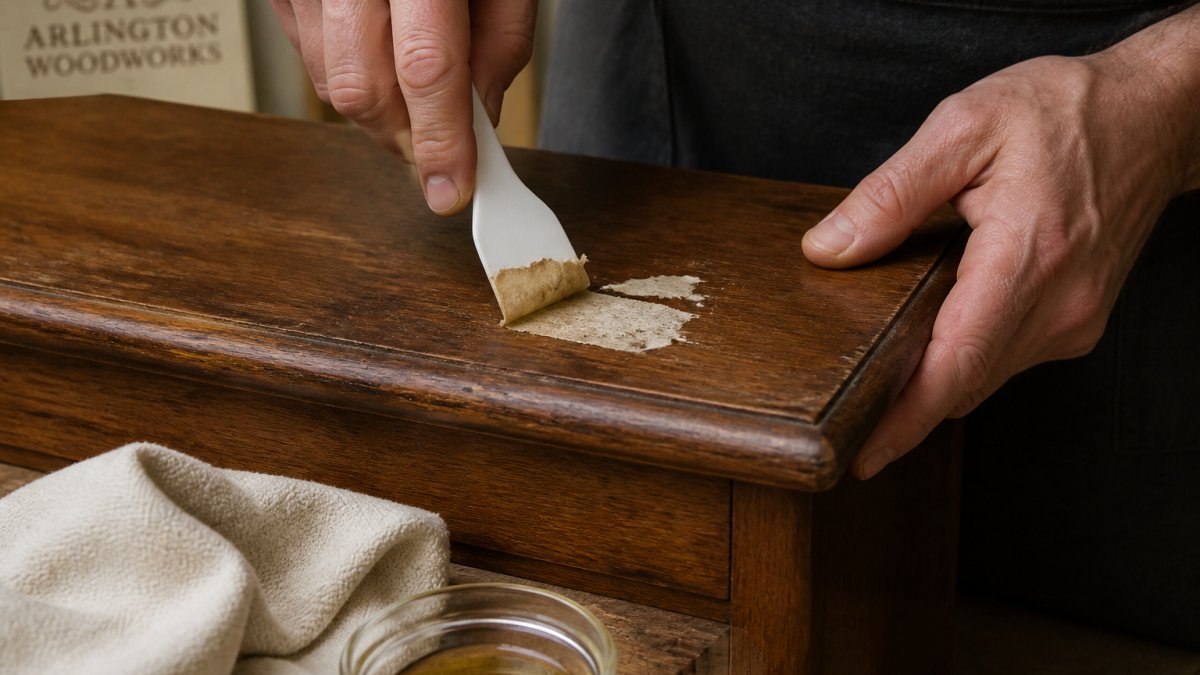 Close-up of a person's hands gently lifting a paper label from a vintage wooden side table with a plastic scraper, soft cloth nearby on a workbench