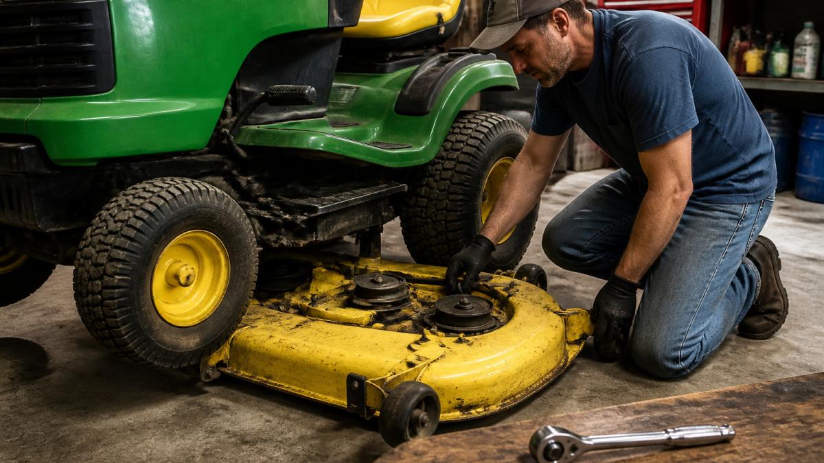 Homeowner kneeling in a garage to access the mower deck idler pulley and release the drive belt tension