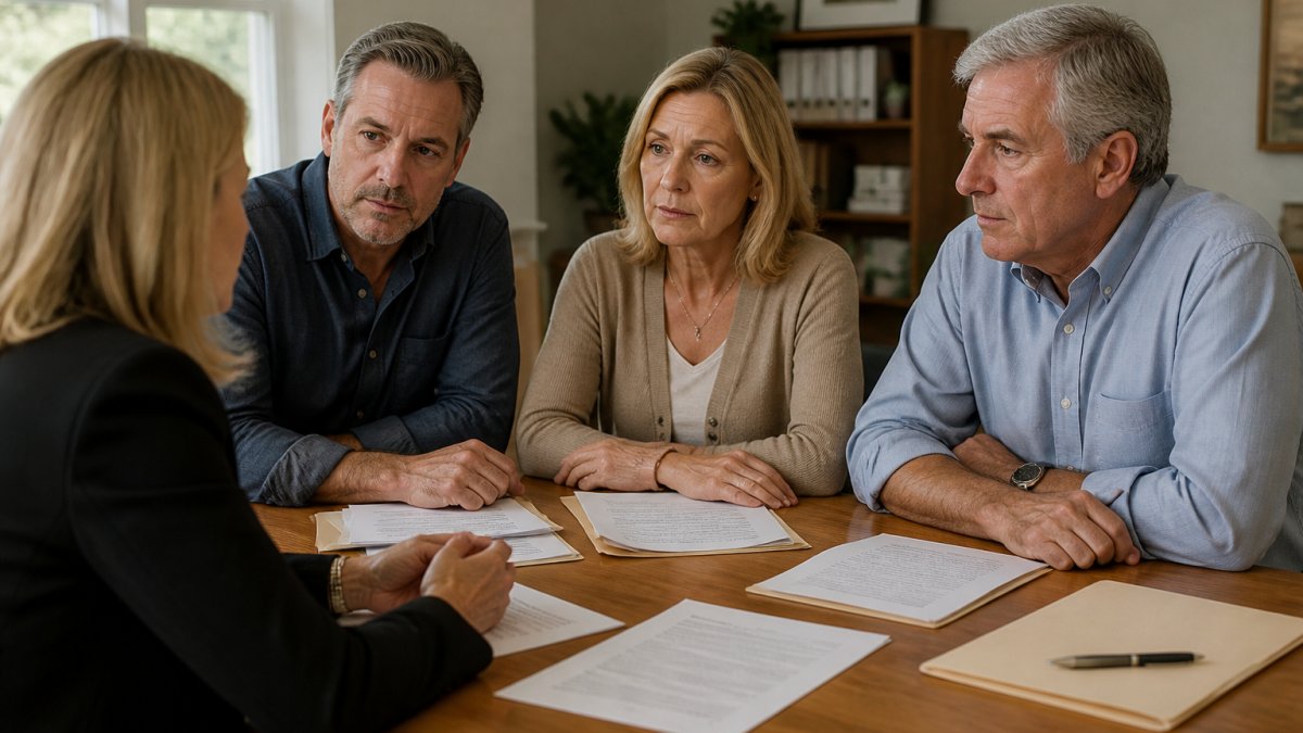 Professional mediator seated across from three adult siblings in a calm office setting with natural lighting, documents on the table, discussing inherited property matters