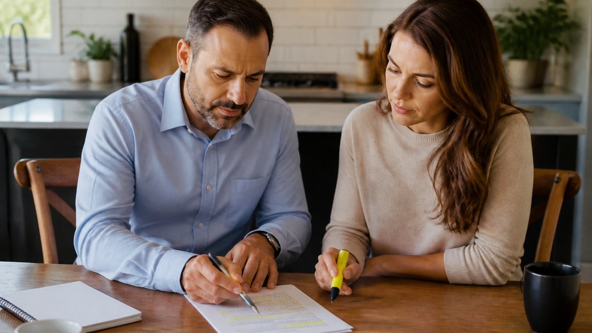 A landlord and property manager sitting at a kitchen table reviewing a printed management agreement, with a pen and highlighter marking clauses, natural daylight