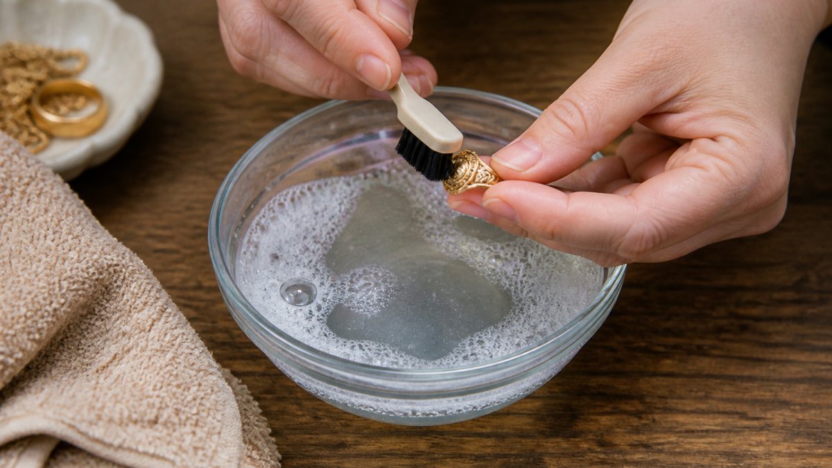 Close-up of hands gently cleaning an antique gold ring in a small bowl of warm soapy water with a soft brush, showing proper technique and setup with natural lighting