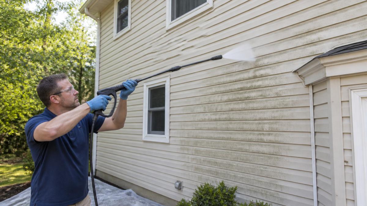 Homeowner using a pressure washer to clean vinyl siding from the bottom up on a two-story home exterior.