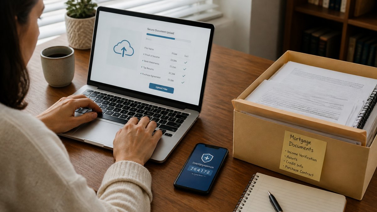 A person at a home desk uploading documents through a lender's secure portal on a laptop, with a paper folder of financial paperwork and a phone showing a verification code nearby