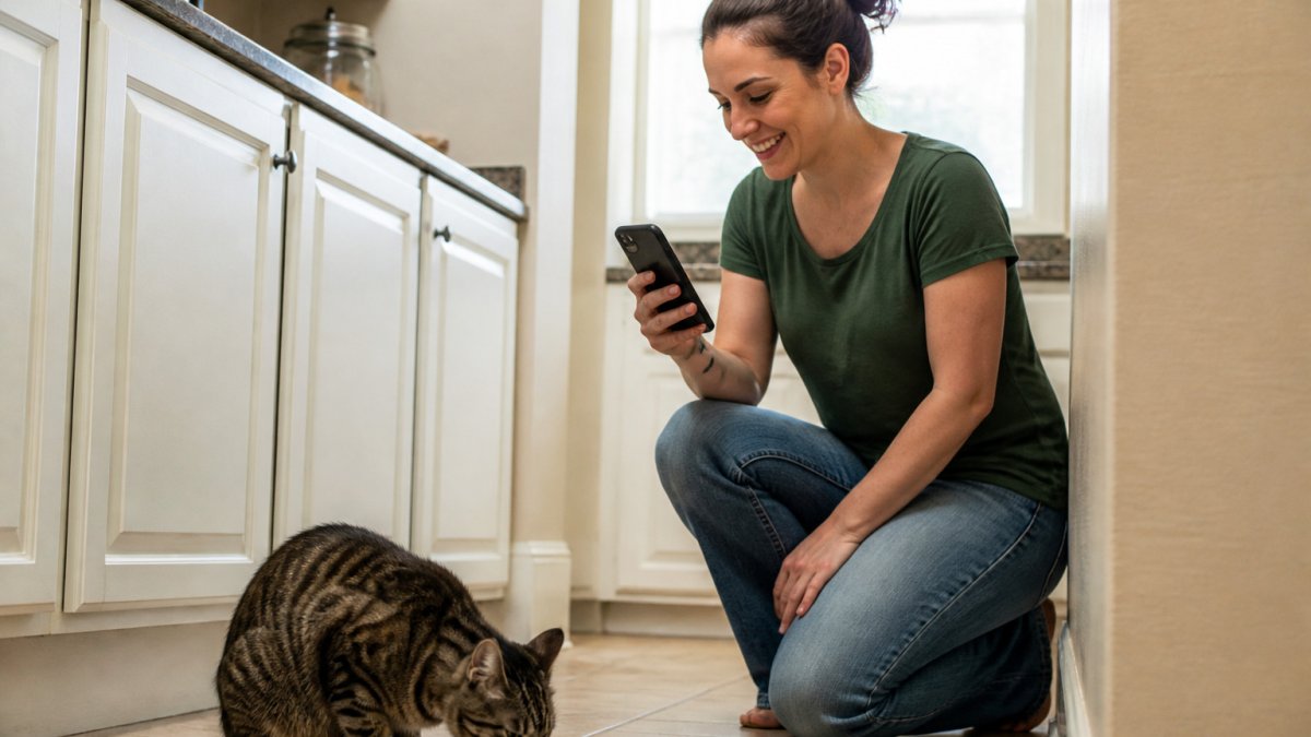 Pet sitter smiling while sending a photo update of a cat to a client