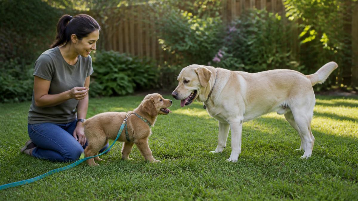 A young puppy on a leash meeting a calm adult dog in a sunny backyard as their owner watches with treats.