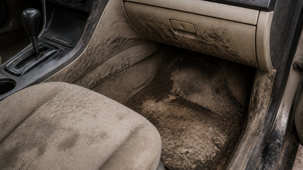 Infographic showing common signs of flood damage in a used vehicle, including water stains and mold on interiors.