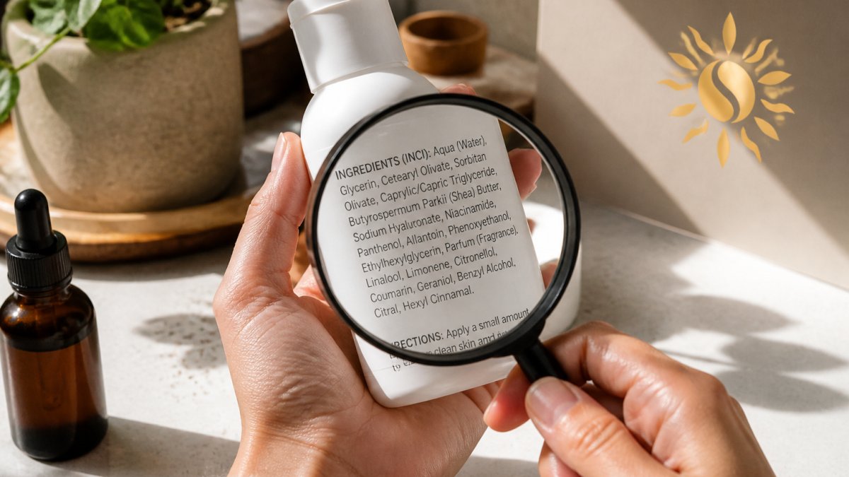 Close-up of hands holding a skincare product bottle, examining the ingredient label with a magnifying glass under natural light, showing INCI text clearly visible