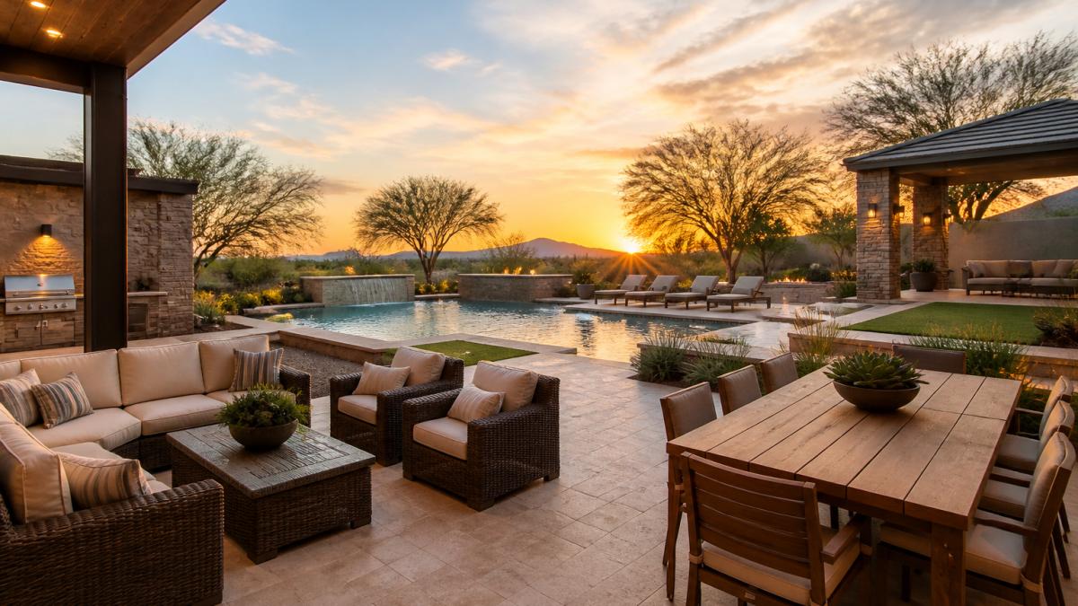 Luxurious backyard patio at golden hour with comfortable seating arrangement, ambient lighting casting warm glow across manicured landscaping, and an inviting dining setup overlooking a resort-style pool area