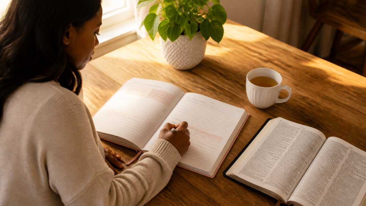 A woman sitting at a wooden table with an open guided journal, a pen, and a Bible, writing in warm morning light, with a cup of tea nearby