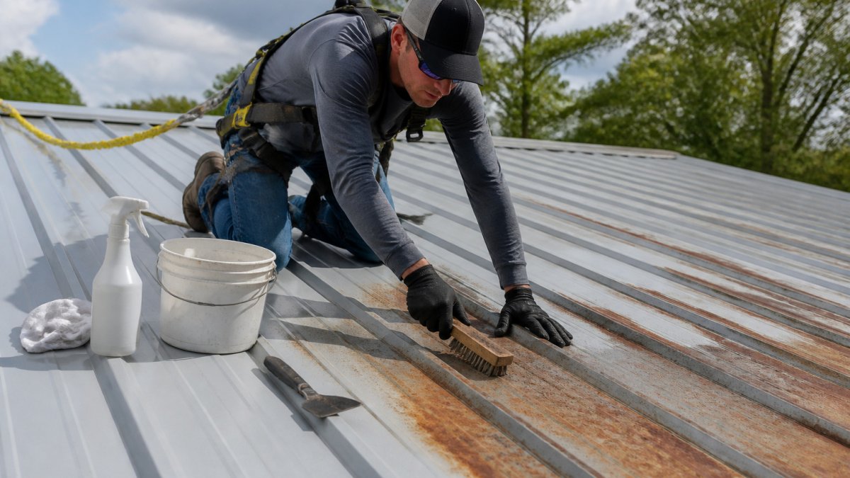 Homeowner in a safety harness using a wire brush to stop rust on a metal roof panel on a sunny day