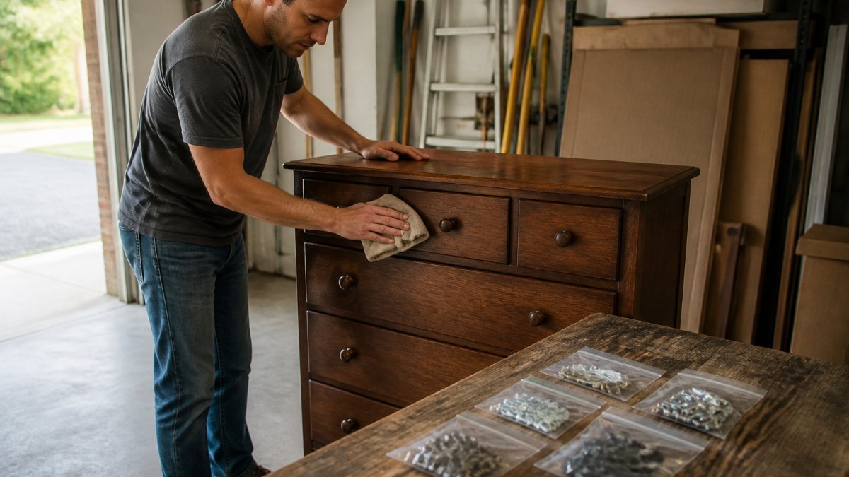 Infographic showing the steps to clean and disassemble items before you store furniture, including organizing hardware.