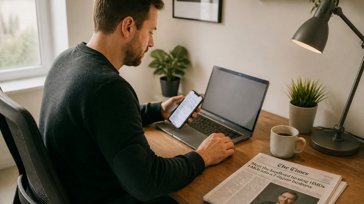 Professional property manager reviewing multiple tenant messages on laptop and mobile phone simultaneously in home office with natural lighting
