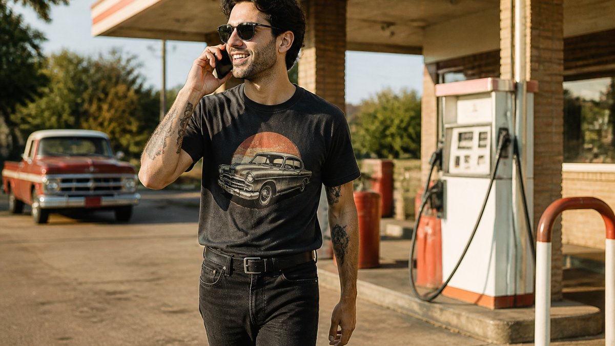 Person wearing a vintage car graphic tee tucked into dark jeans outdoors in bright morning sunlight