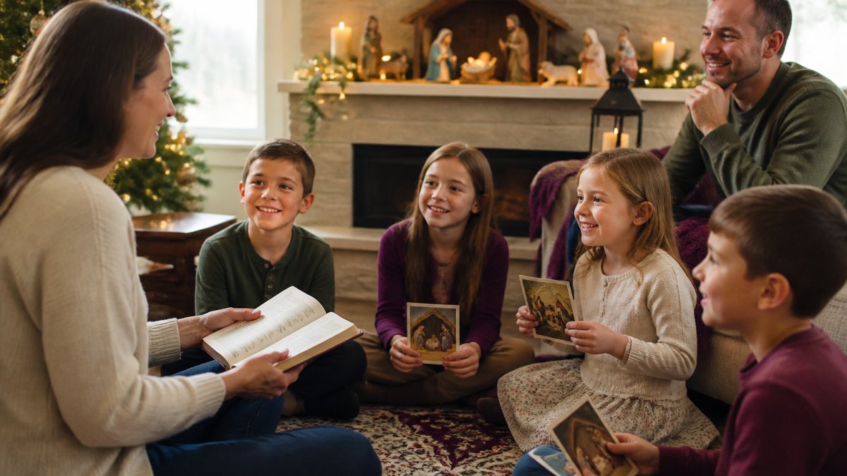 A family gathered in a cozy living room reading a Bible together with illustrated story cards by a Nativity scene.