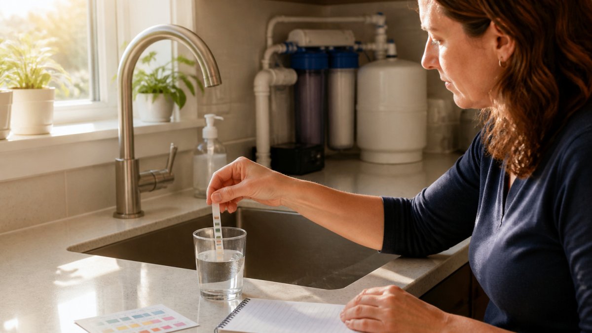 Homeowner dipping a test strip into a glass of tap water to check water hardness levels at a kitchen sink.
