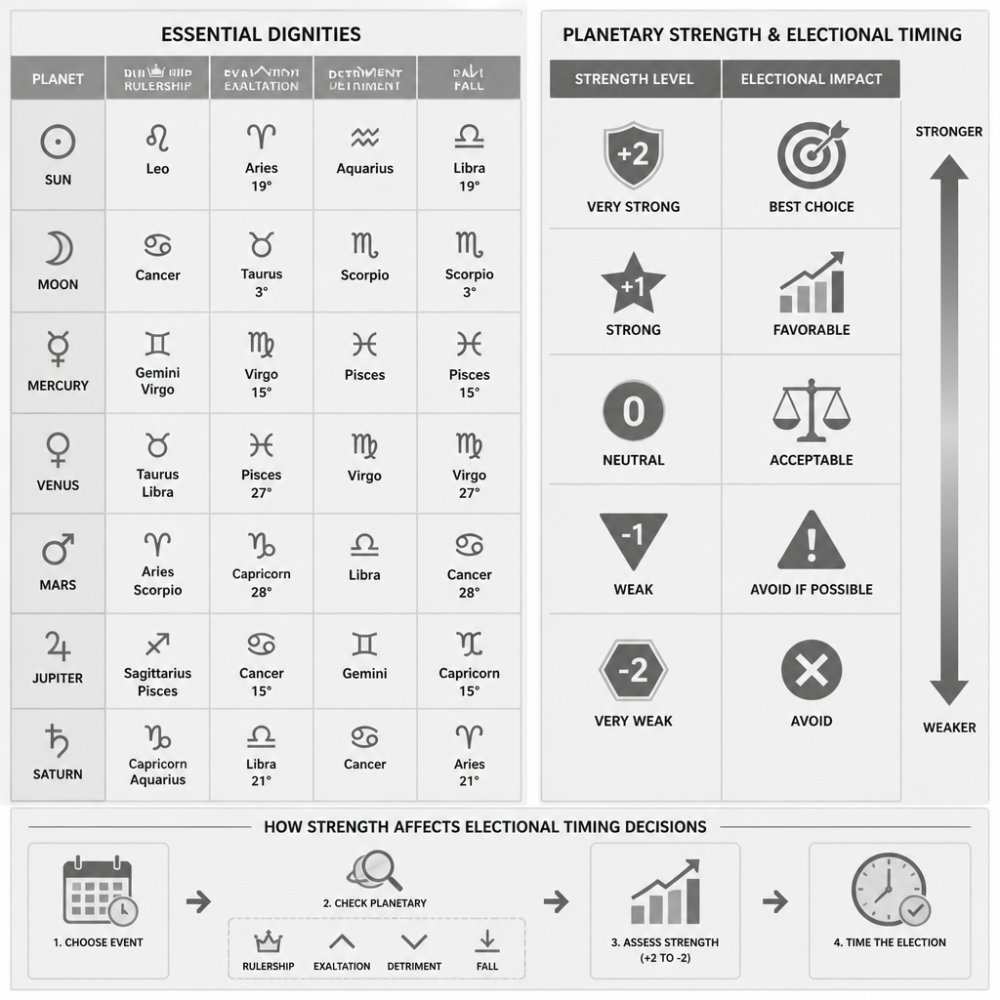 Comparison matrix showing essential dignities (rulership, exaltation, detriment, fall) and how planetary strength affects electional timing decisions