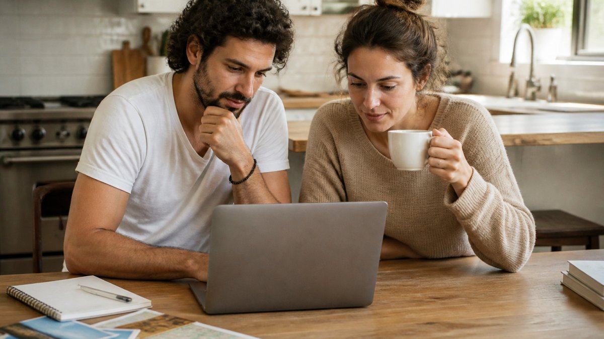 Couple sitting at a kitchen table using a laptop to organize a digital guest list spreadsheet for a wedding