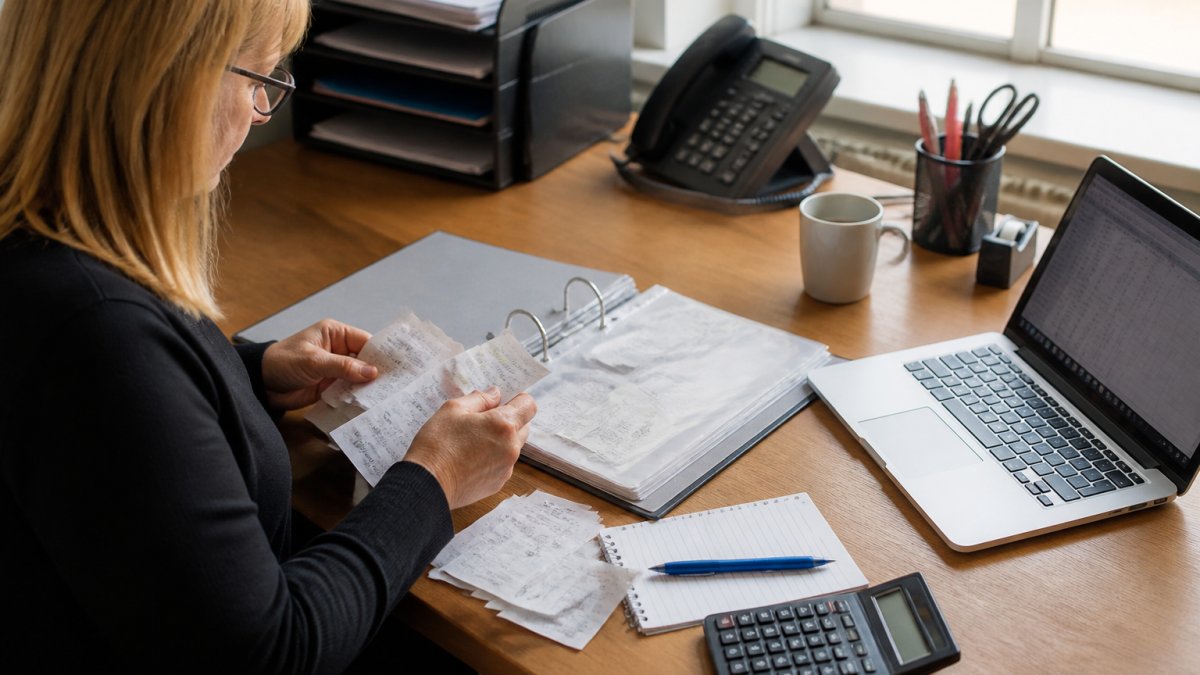 Office manager organizing paper receipts and petty cash into a binder to streamline supply spending tracking